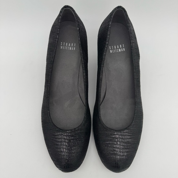 Stuart Weitzman Black Embossed Shimmer Leather Wedge Heels Size 8.5 - Picture 4 of 12